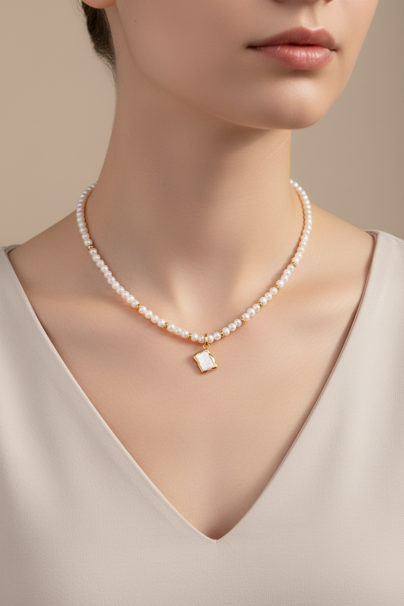 White Seashell Pendant Pearl Necklace and Bracelet