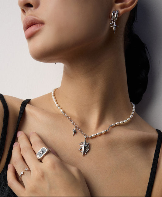S925 Silver Tarot Pearl Necklace | Moon & Star Celestial Jewelry