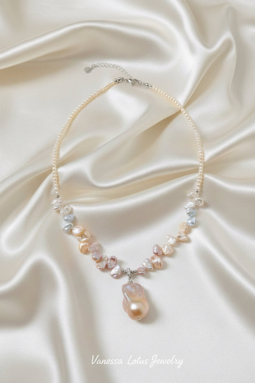 Removable Baroque Pearl Pendant Necklace – Freshwater Pearl & Pink Petal Pearls