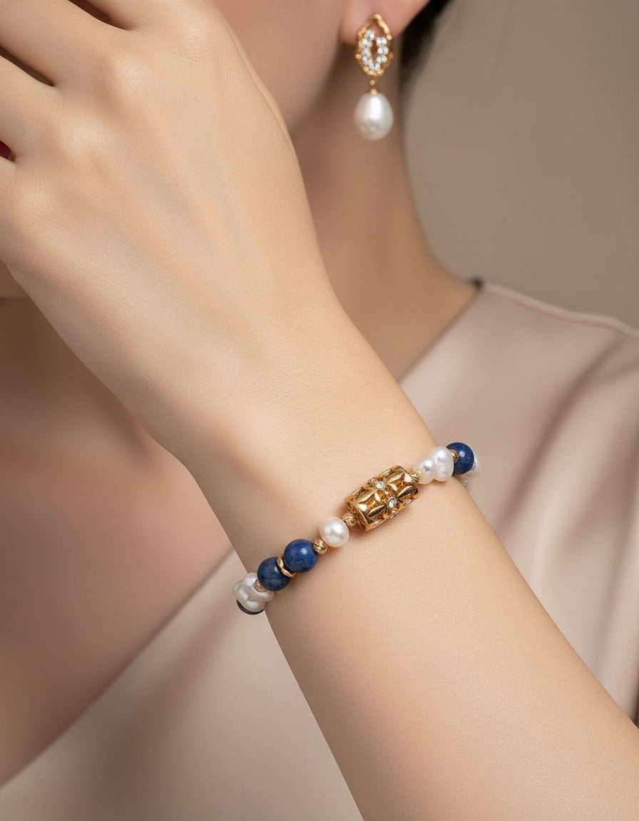 Vintage Gold Pearl & Blue Aventurine Bracelet | S925 Silver Jewelry