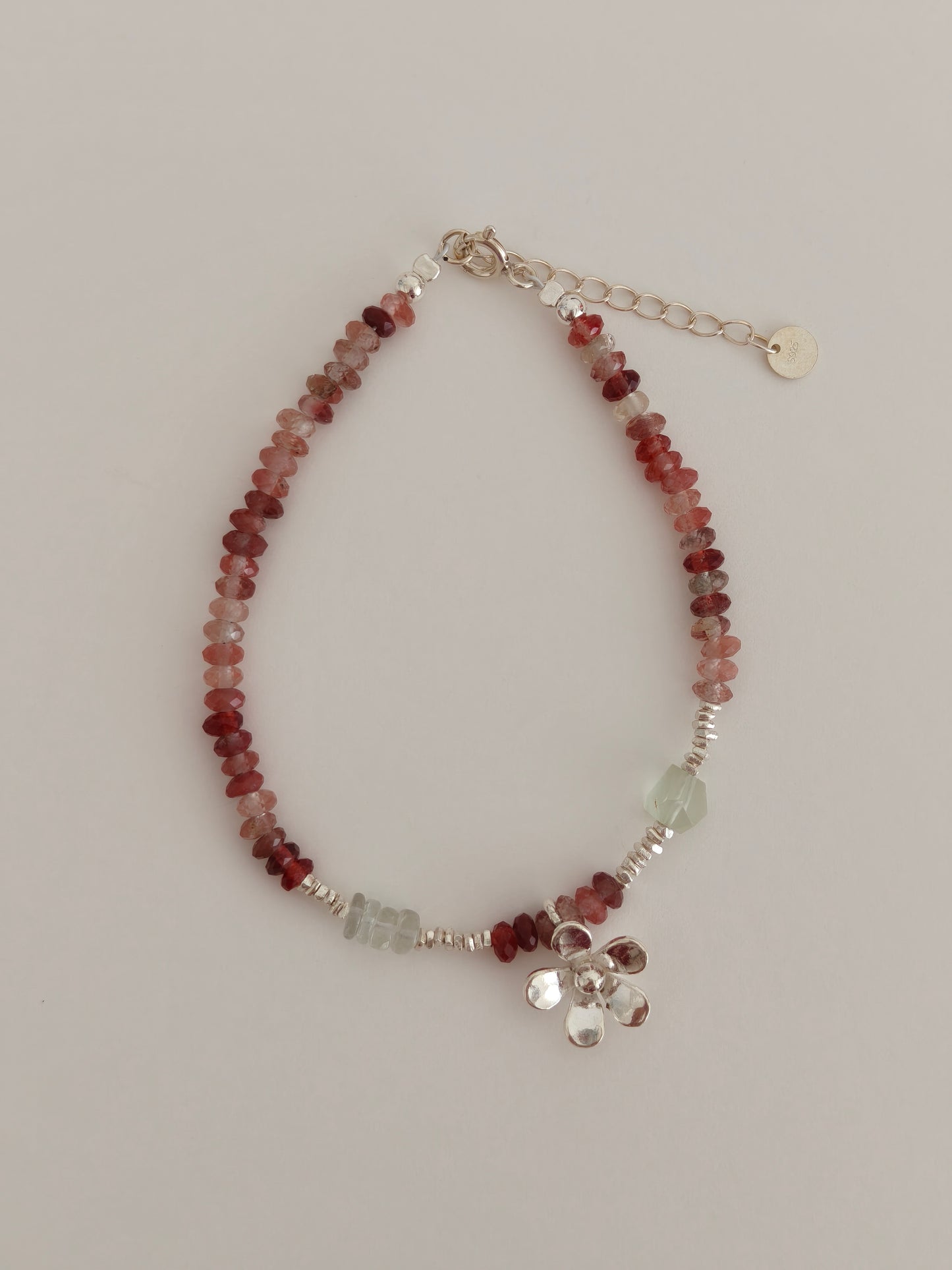 Handmade Gemstone Flower Charm Bracelet – Blue Crystal Moonstone Garnet / Andesine Green Amethyst Silver Bracelet