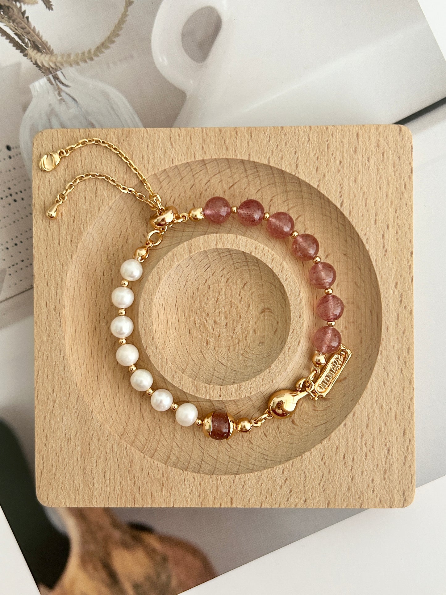 Natural Pearl & Strawberry Quartz/Moss Agate Beaded Bracelet | 925 Sterling Silver