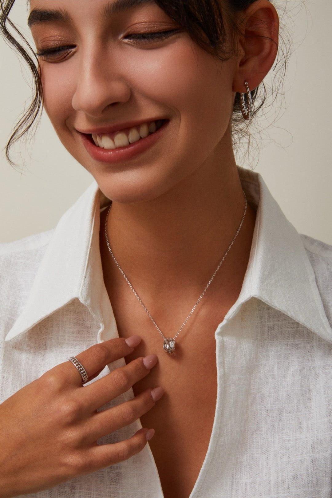 Elegant Dual Ring Pendant Necklace – Gold-Plated S925 Sterling Silver with CZ Accents