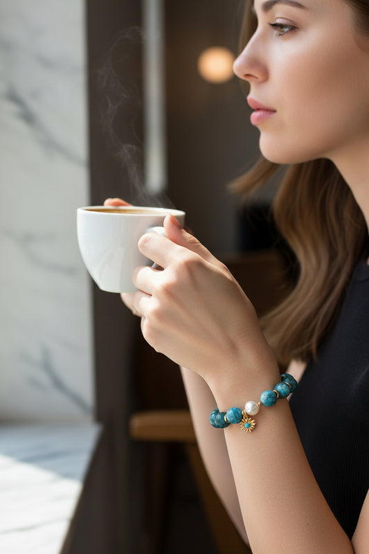 Vintage Gold Apatite & Turquoise Pearl Bracelet – S925 Sterling Silver Natural Gemstone Beaded Bracelet