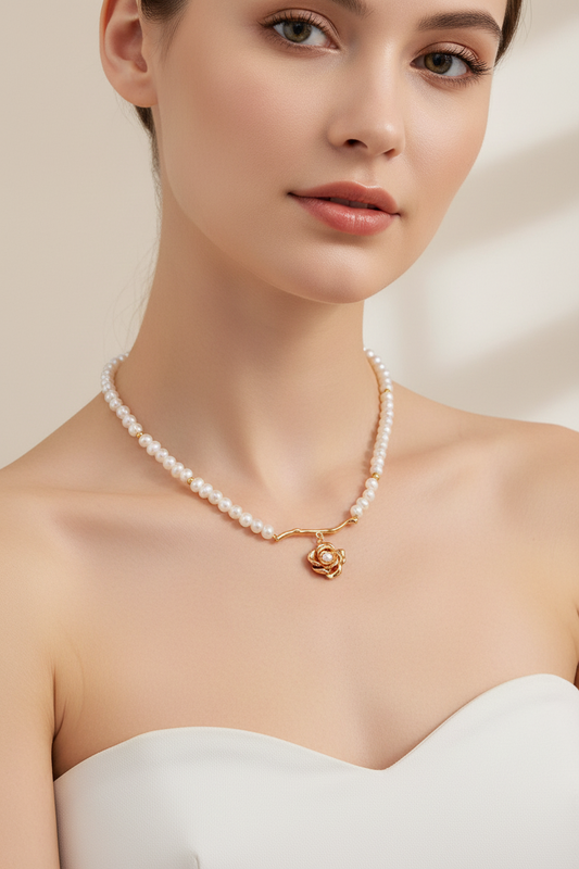 Vintage Gold Rose Pendant Pearl Necklace – S925 Silver