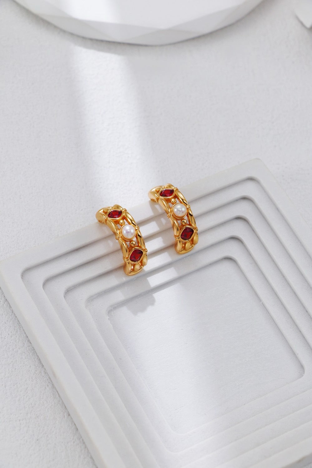 Royal Garnet & Pearl Gold Vermeil Huggies Earrings