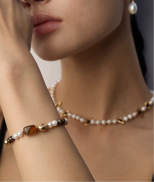 Vintage Gold Pearl and Tiger Eye Beaded Bracelet – 925 Sterling Silver