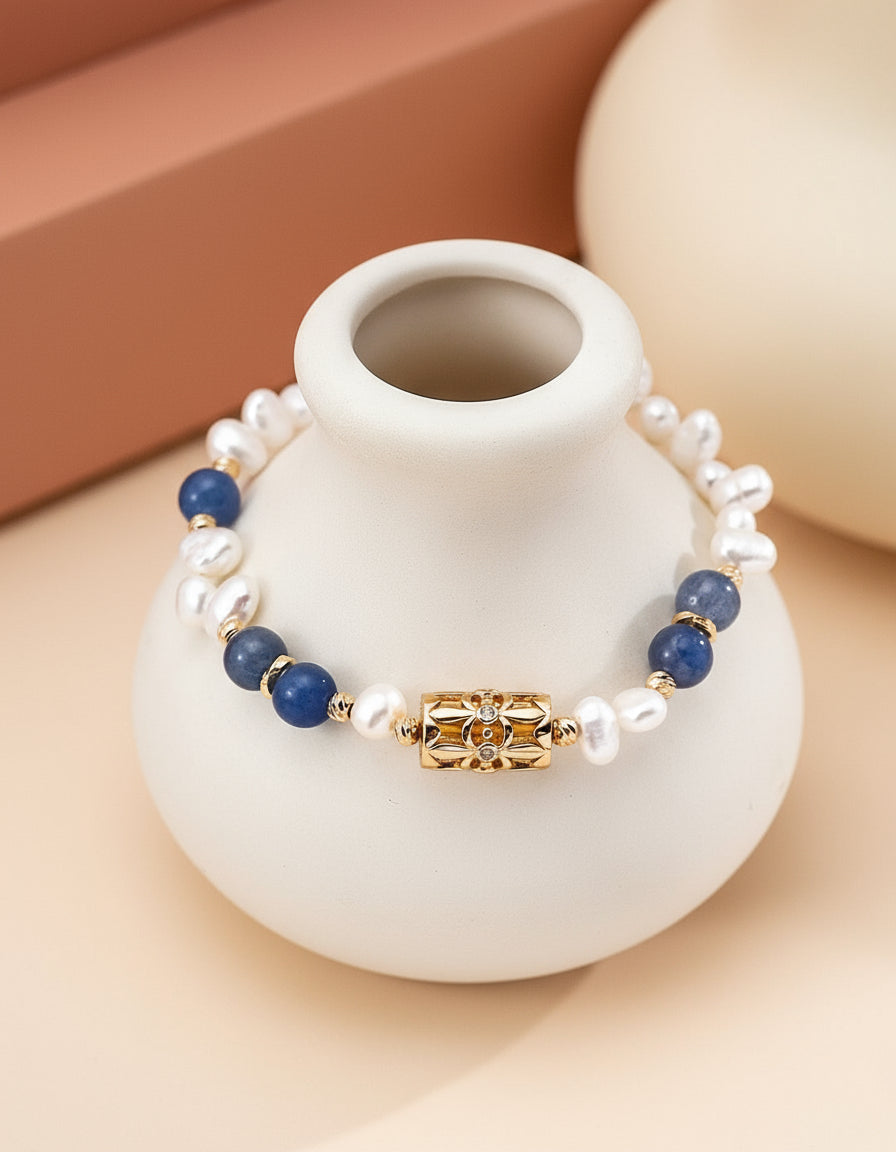 Vintage Gold Pearl & Blue Aventurine Bracelet | S925 Silver Jewelry