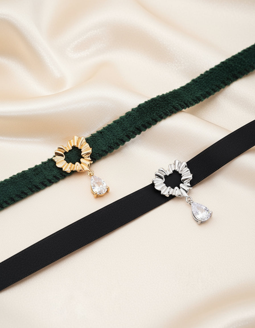 S925 Silver Pearl & Onyx Earrings with Velvet Choker Set