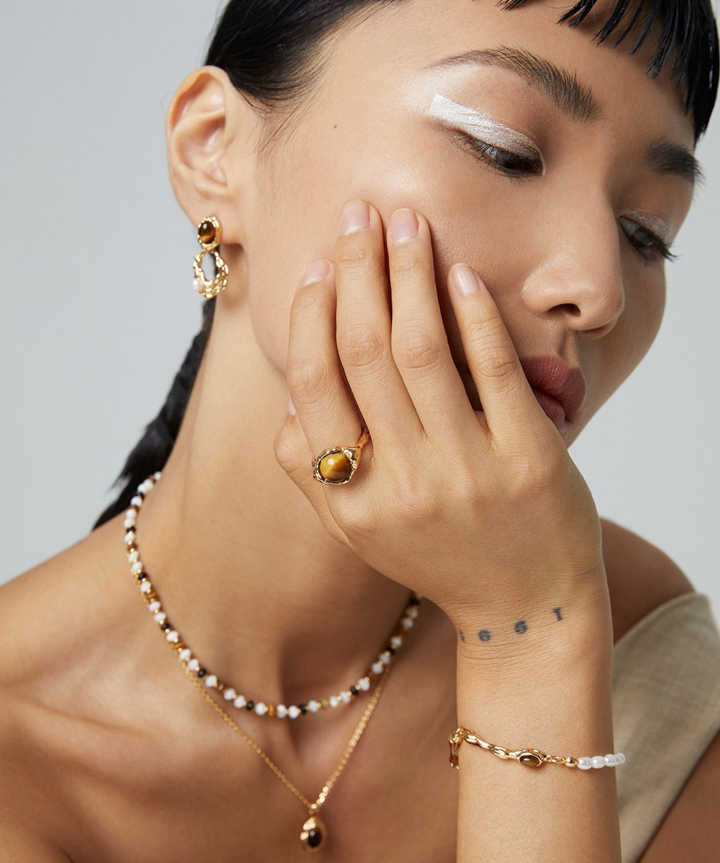 S925 Sterling Silver 
Tiger’s Eye Gemstone and Pearl Bracelet