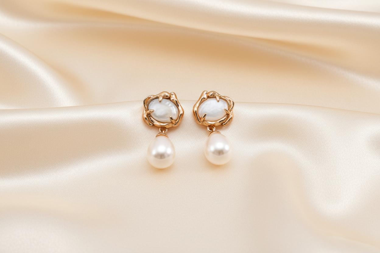 Vintage Gold Mother-of-Pearl & Natural Pearl Drop Earrings – S925 Sterling Silver Baroque Pearl Dangle Earrings