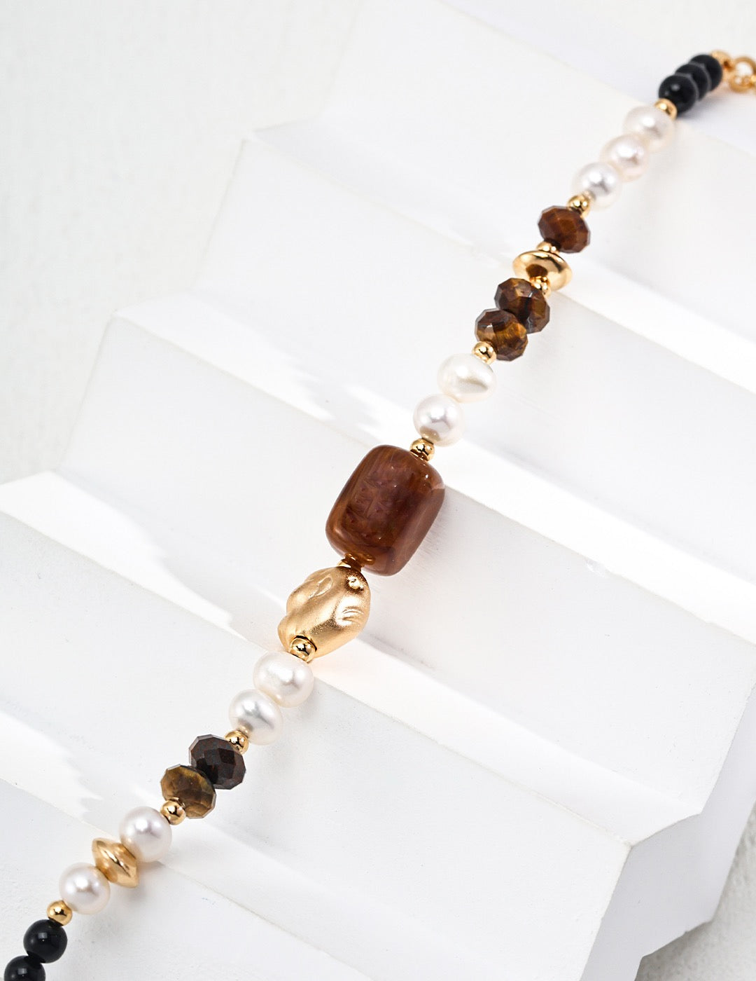 Vintage Gold Pearl and Tiger Eye Beaded Bracelet – 925 Sterling Silver
