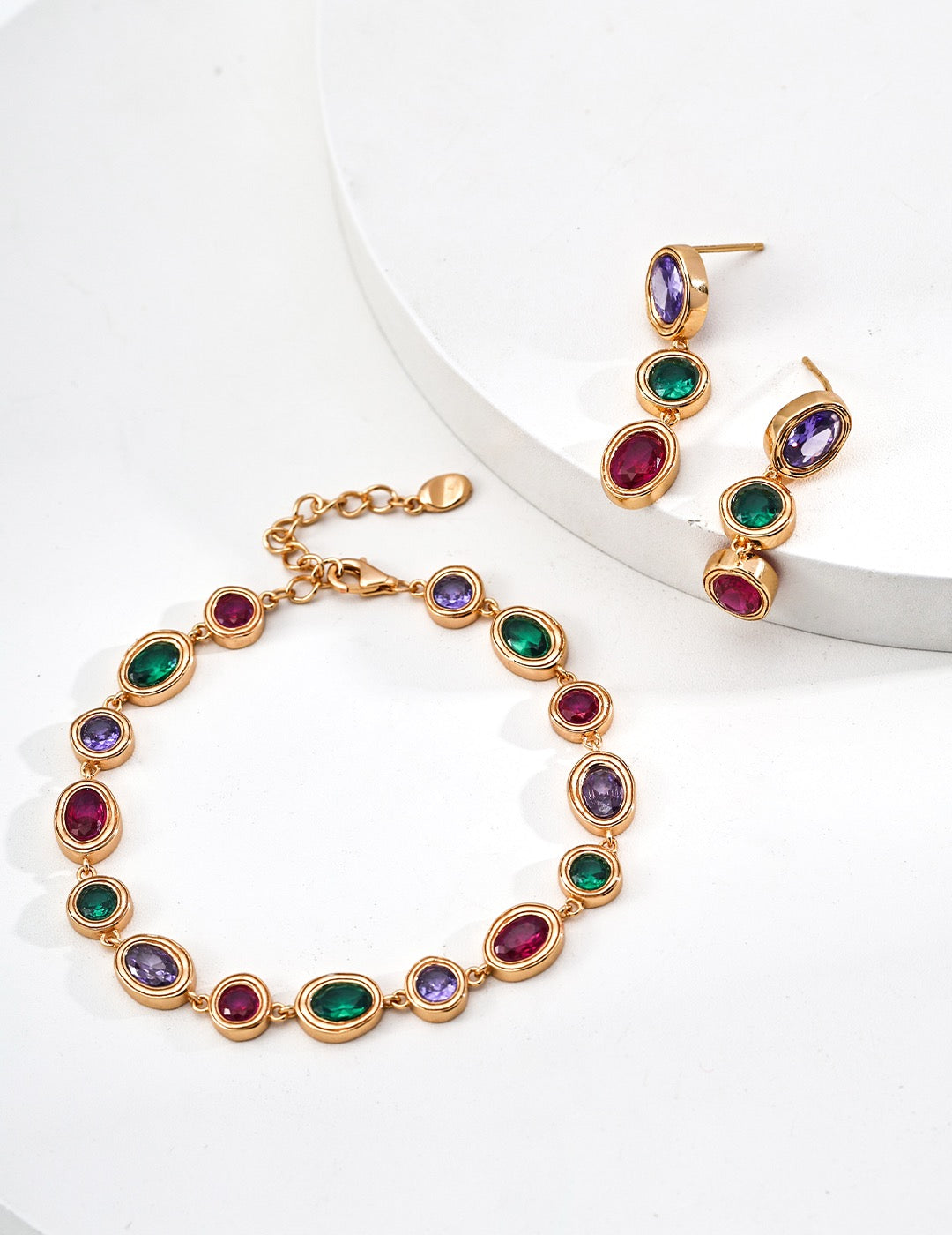 Aurora Elegance Multi-Gemstone Gold Plated Jewelry Set (Earrings & Bracelet)