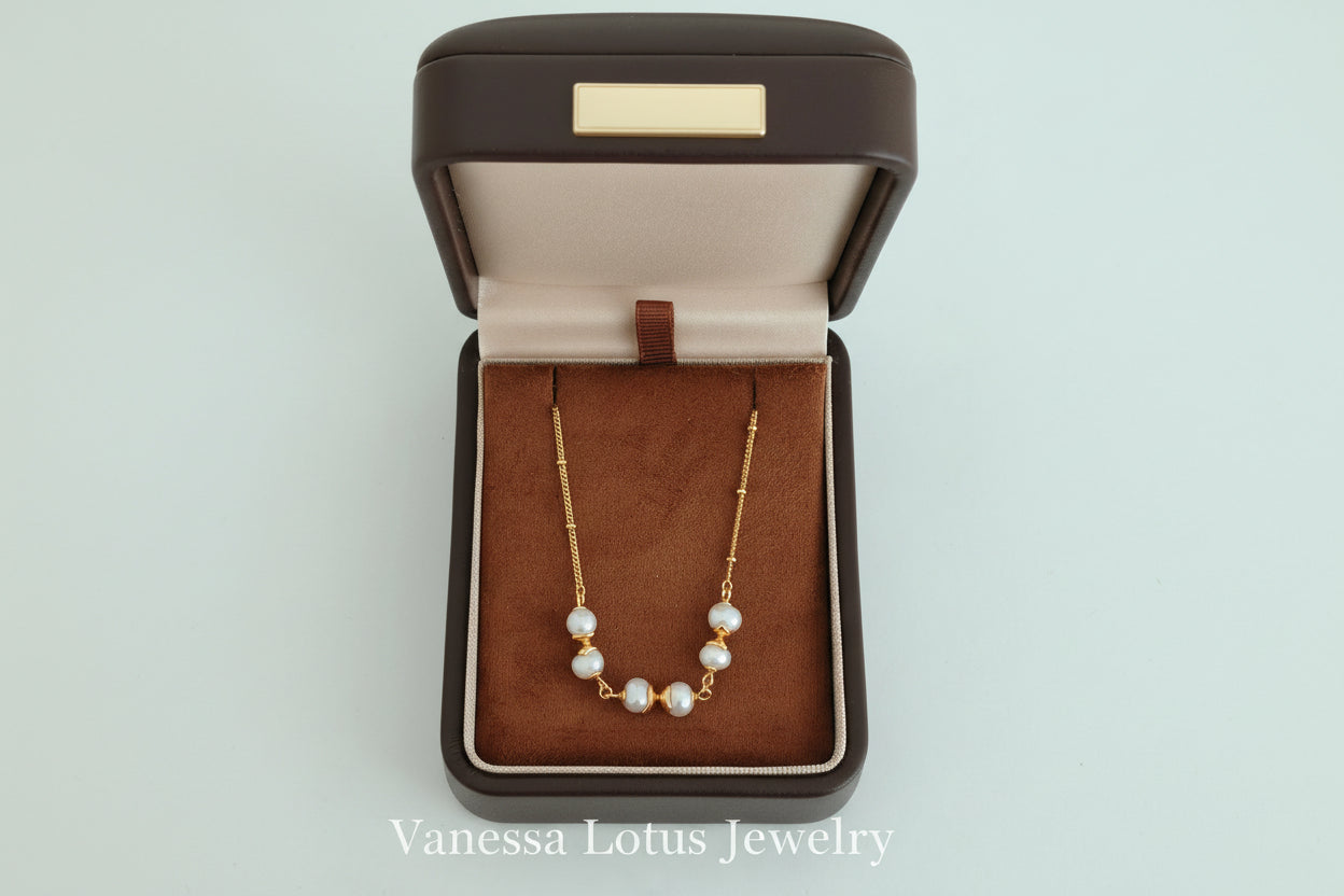Vintage Gold Freshwater Pearl Station Necklace – 925 Sterling Silver Minimalist Pearl Choker Necklace