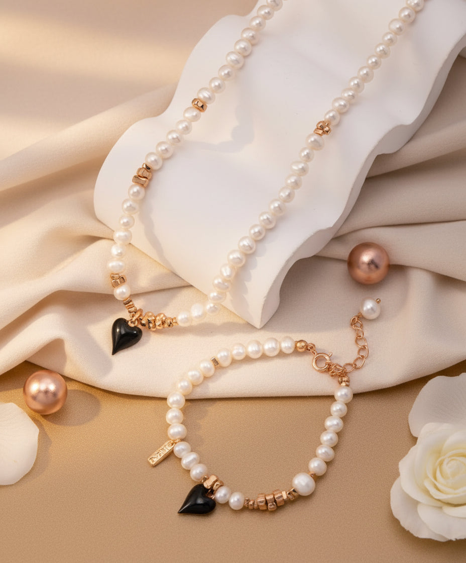 Black Enamel Heart Freshwater Pearl Jewelry Set – S925 Silver