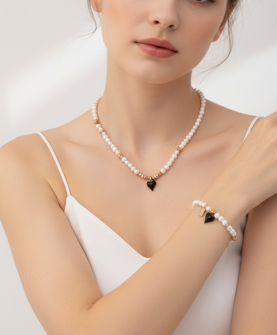 Black Enamel Heart Freshwater Pearl Jewelry Set – S925 Silver