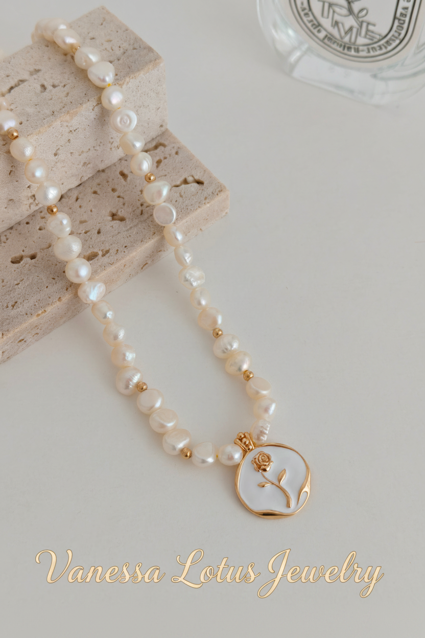S925 Sterling Silver Natural Pearl Rose Pendant Necklace