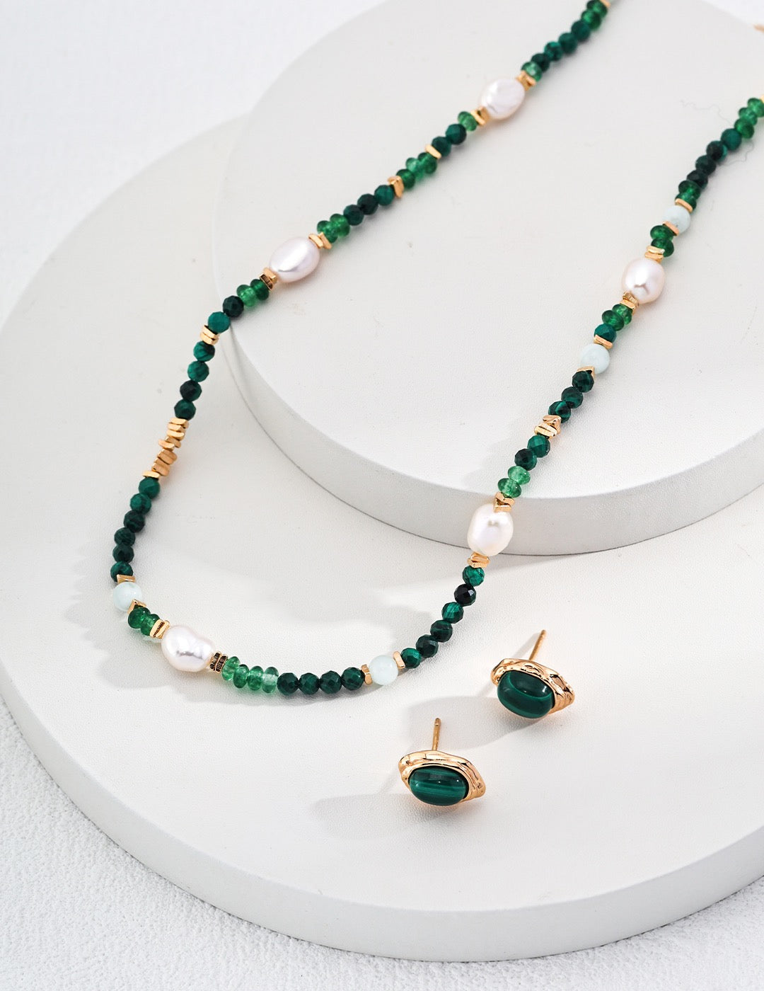Vintage Gold Pearl and Malachite Beaded Necklace – 925 Sterling Silver