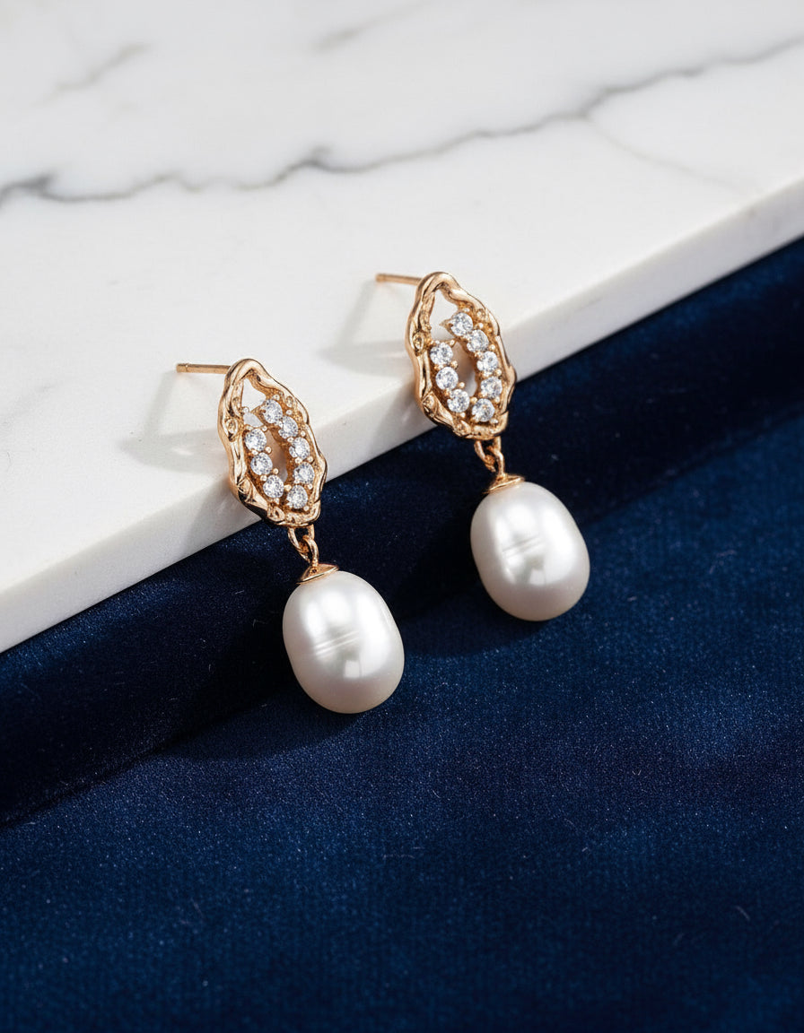 Vintage Gold Baroque Pearl Drop Earrings | 925 Silver & Zircon