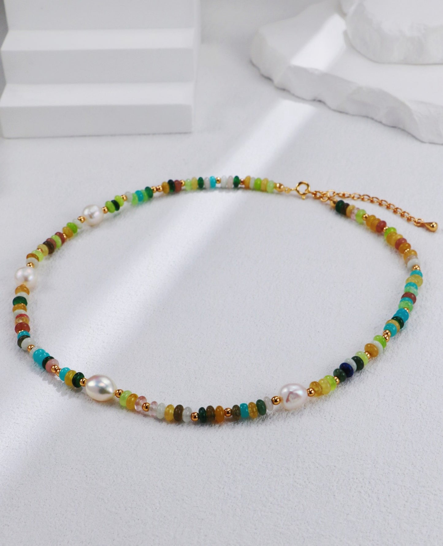 Vintage Rainbow Gemstone & Pearl Necklace & Bracelet - S925 Silver Natural Pearl & Gemstone Jewelry