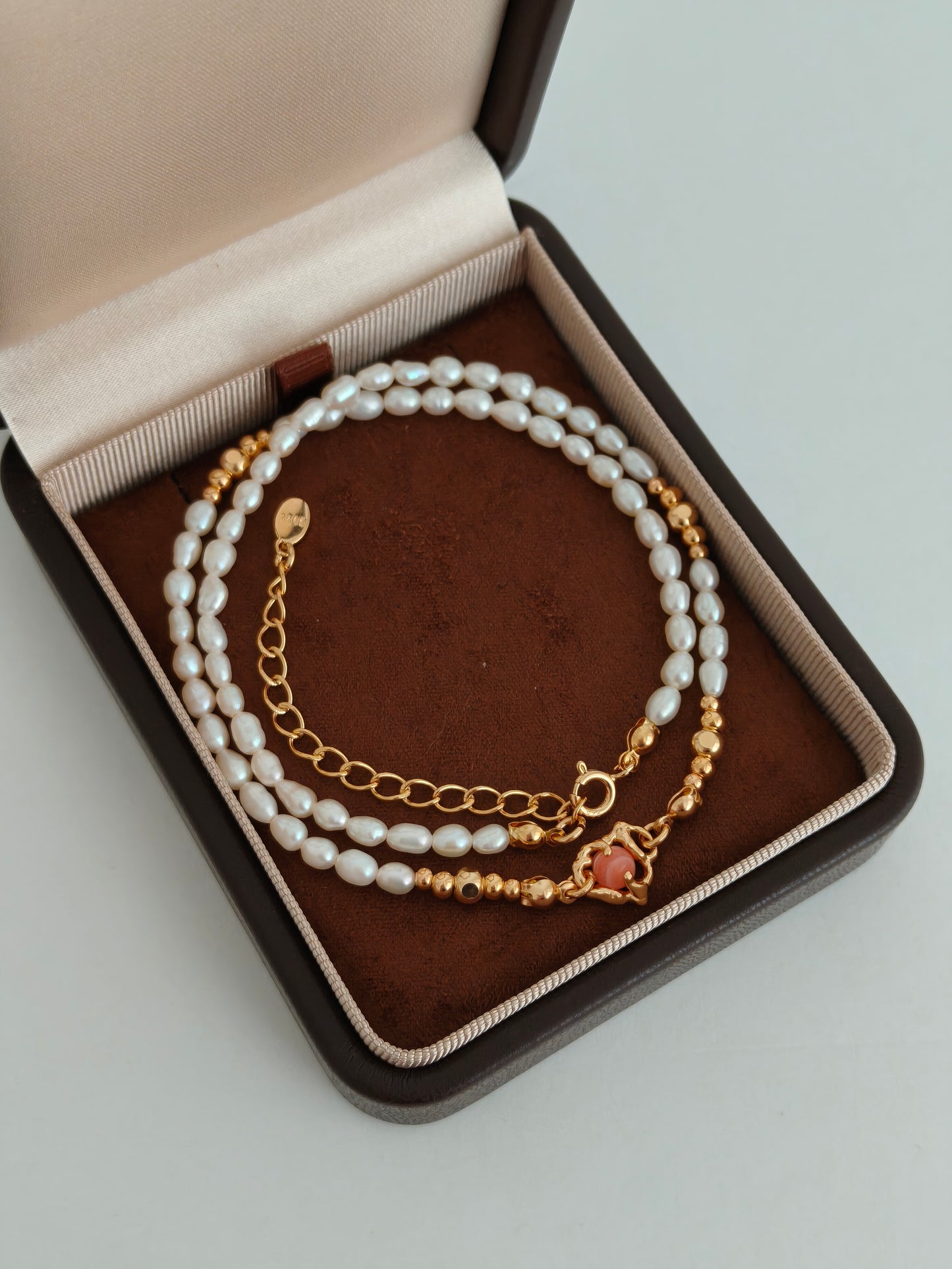 Vintage Gold S925 Sterling Silver Rhodochrosite & Natural Pearl Necklace
