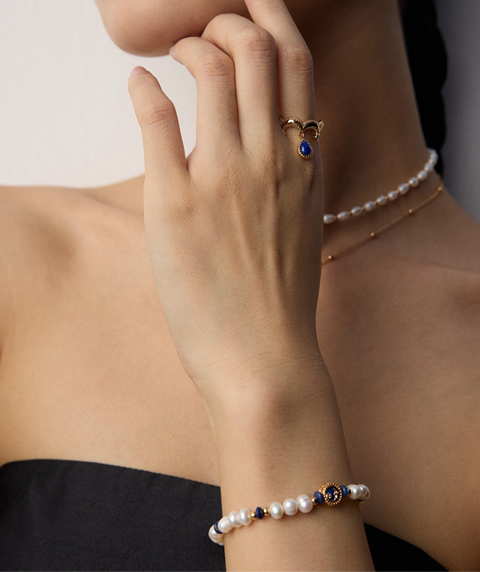 Vintage Gold Pearl and Lapis Lazuli Bracelet – 925 Sterling Silver Adjustable Chain