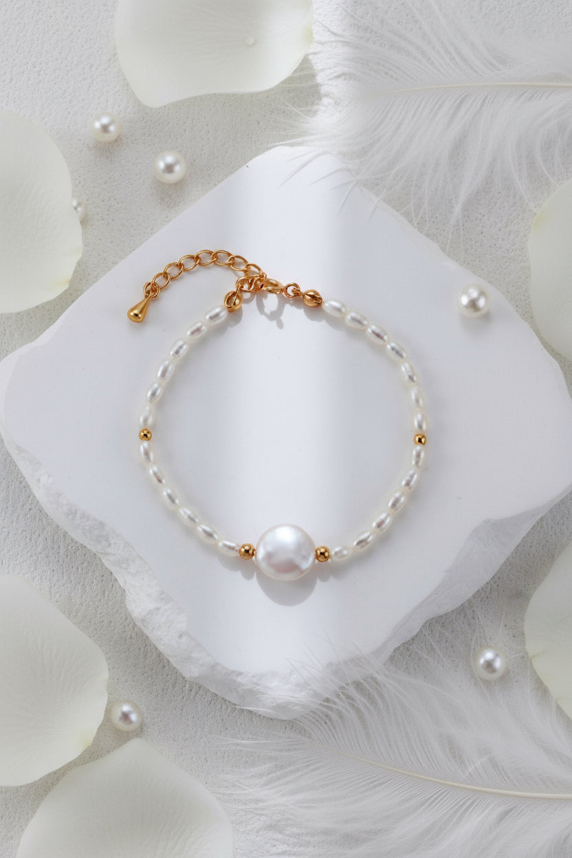 S925 Silver Button Pearl & Mini Pearl Bracelet