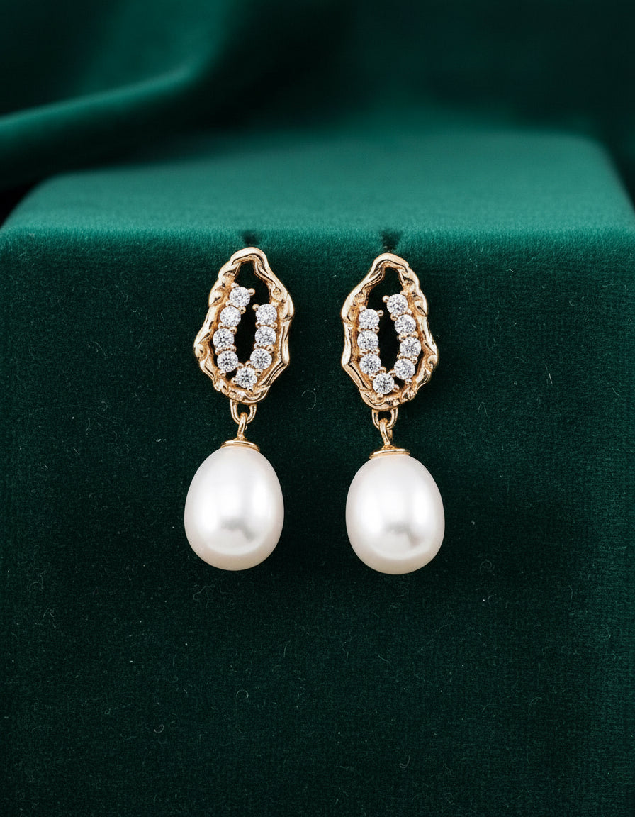 Vintage Gold Baroque Pearl Drop Earrings | 925 Silver & Zircon
