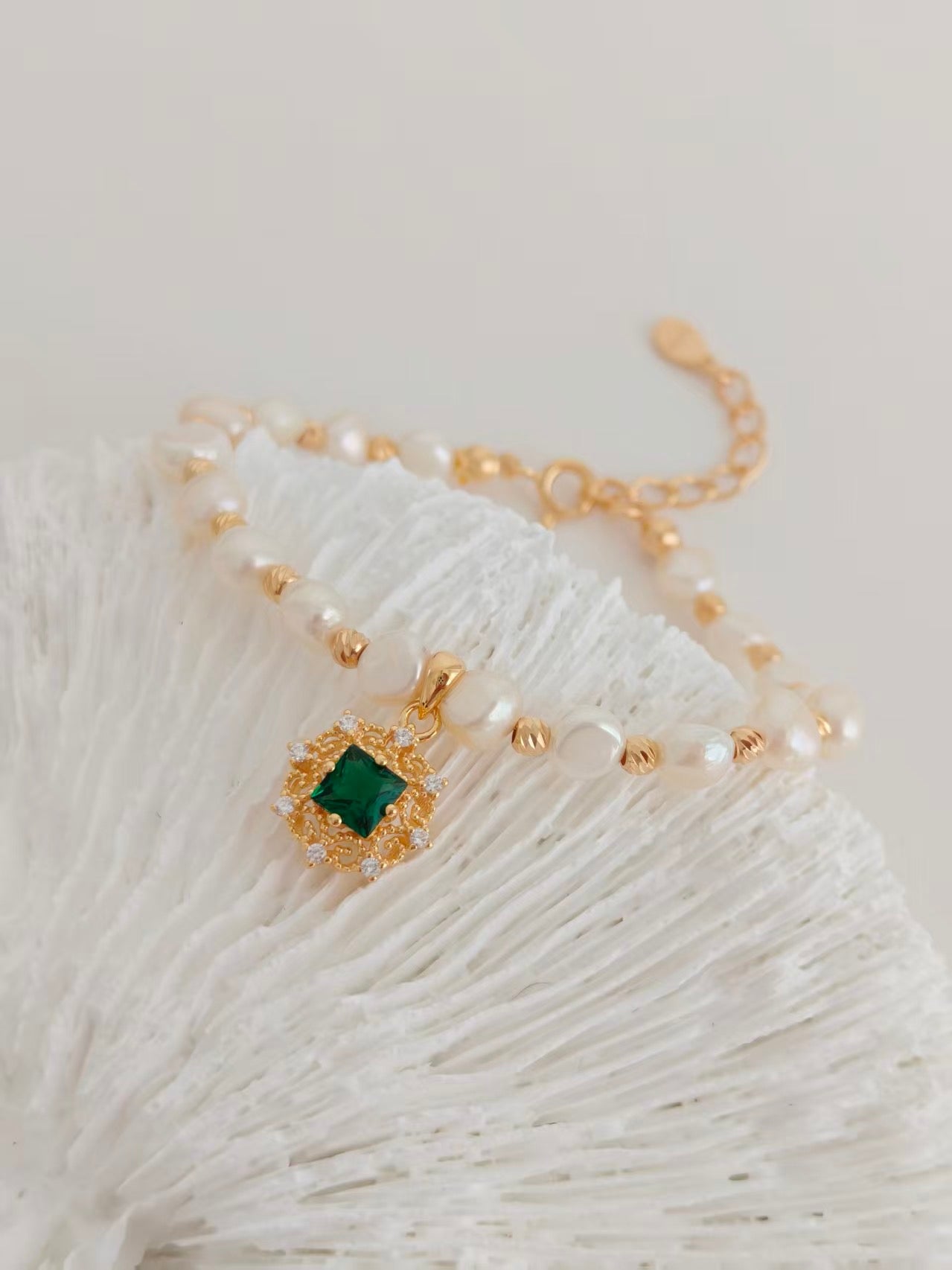 S925 Vintage Gold Pearl & Green Zircon Necklace and Bracelet Set | Natural Freshwater Pearl Jewelry