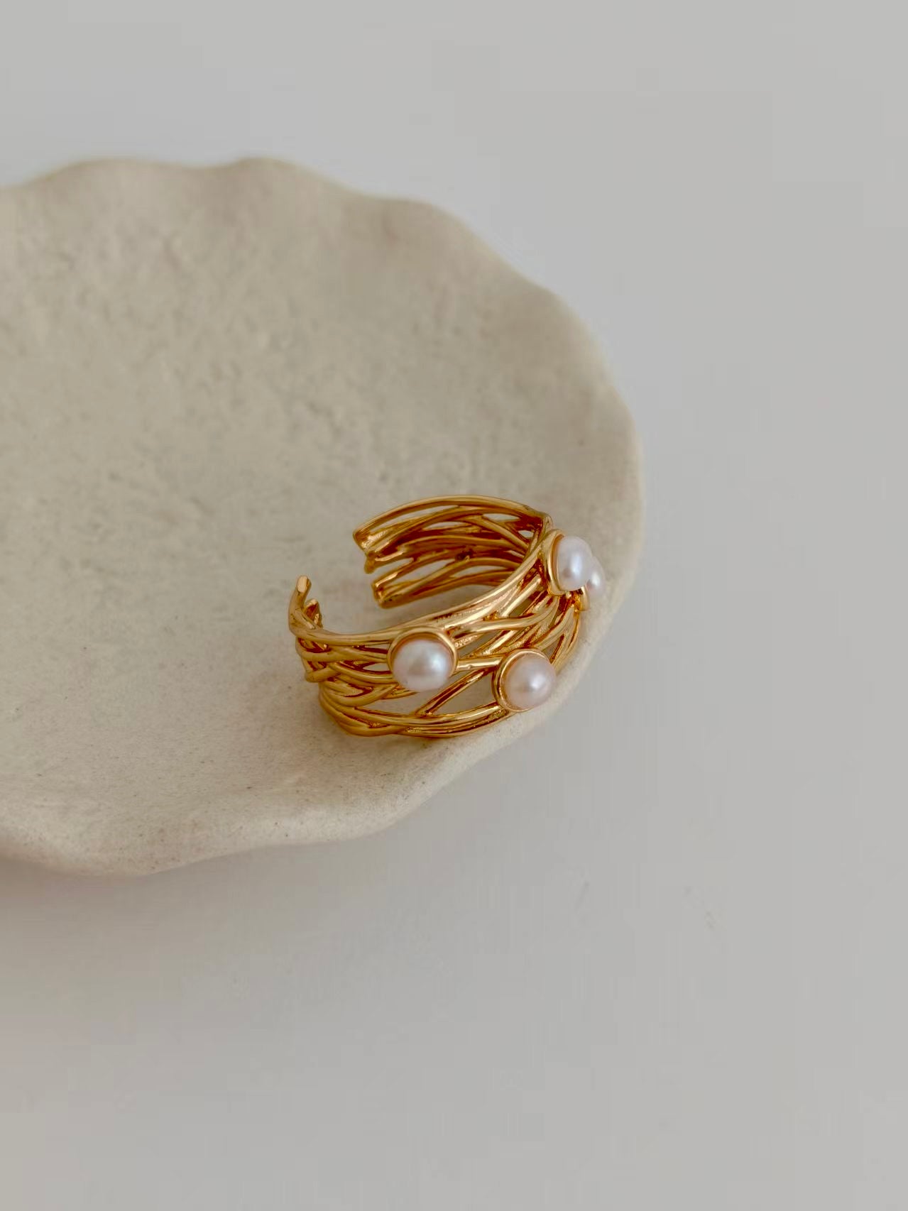 S925 Sterling Silver Woven Vine Pearl Ring –Minimalist Statement Jewelry