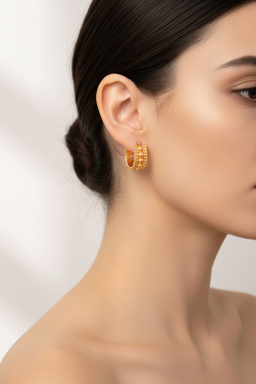 Vintage Beaded Huggie Hoop Earrings – 925 Sterling Silver, Retro Gold / Platinum Finish