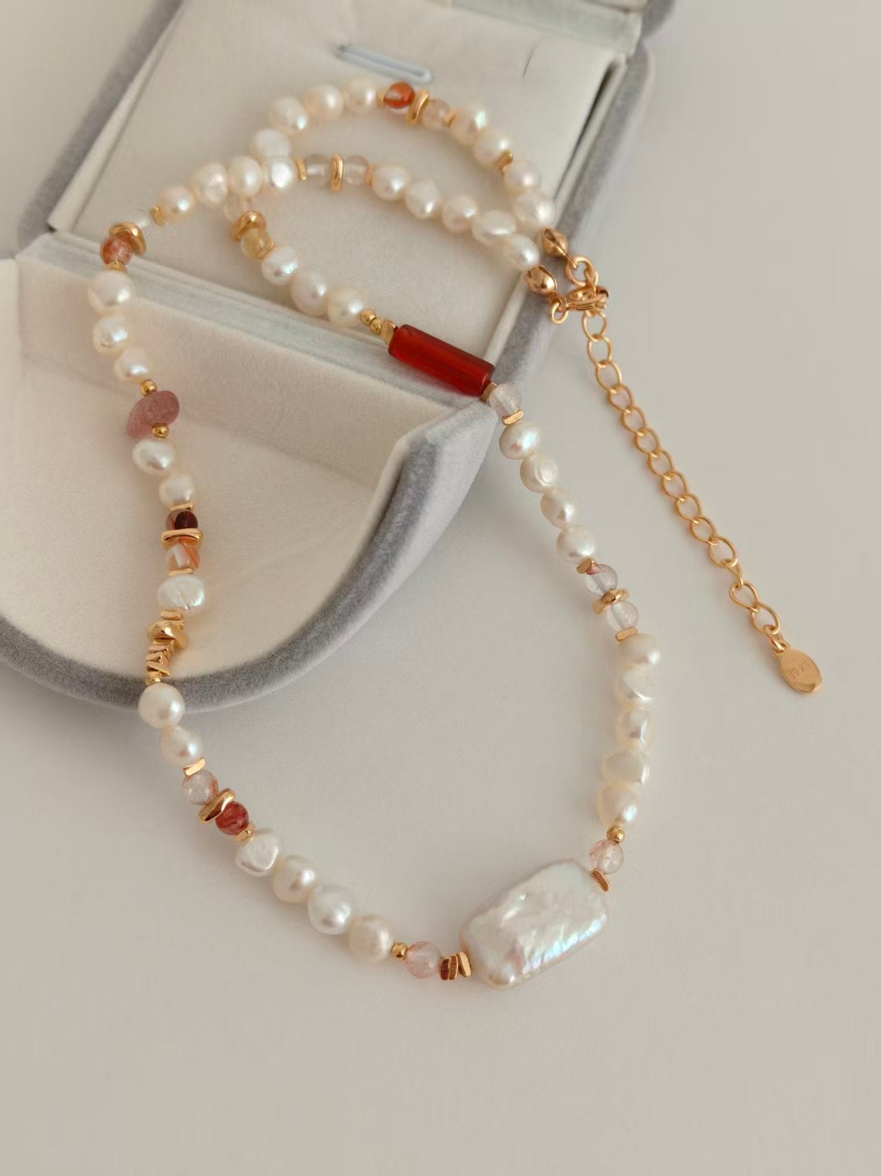 Strawberry Quartz & Pearl Beaded Necklace – S925 Silver