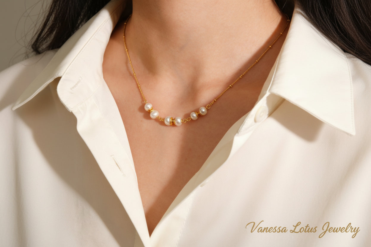 Vintage Gold Freshwater Pearl Station Necklace – 925 Sterling Silver Minimalist Pearl Choker Necklace