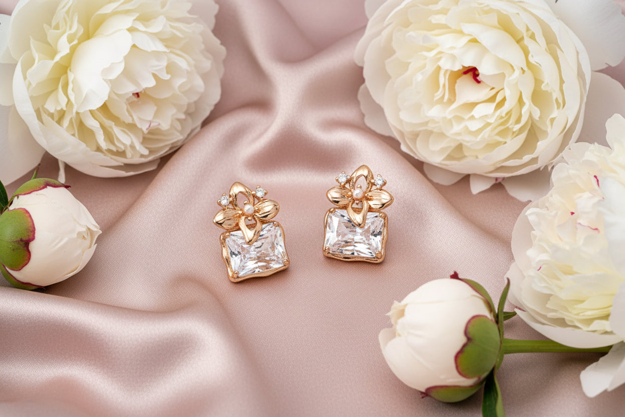 Vintage Gold Flower Square Zirconia Stud Earrings – S925 Sterling Silver