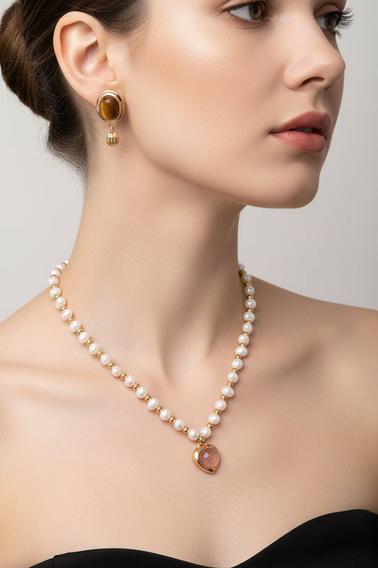 Vintage Gold Strawberry Quartz Heart Pearl Necklace – 925 Sterling Silver Beaded Choker