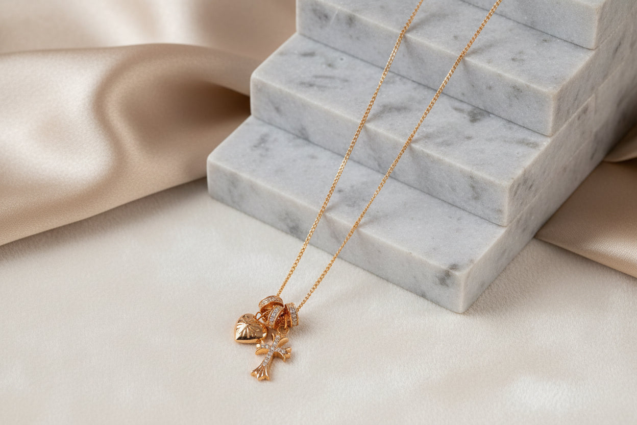 S925 Sterling Silver Cross & Heart Charm Necklace