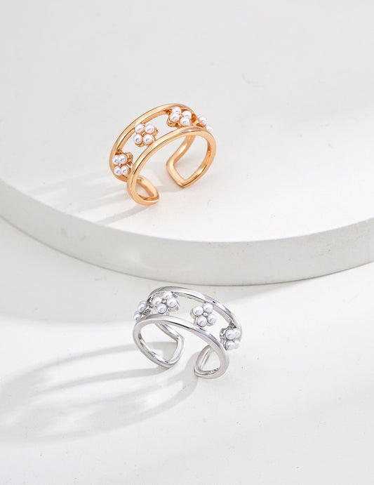 Minimalist Open Band Pearl Ring – S925 Sterling Silver, Vintage Gold or Platinum Finish