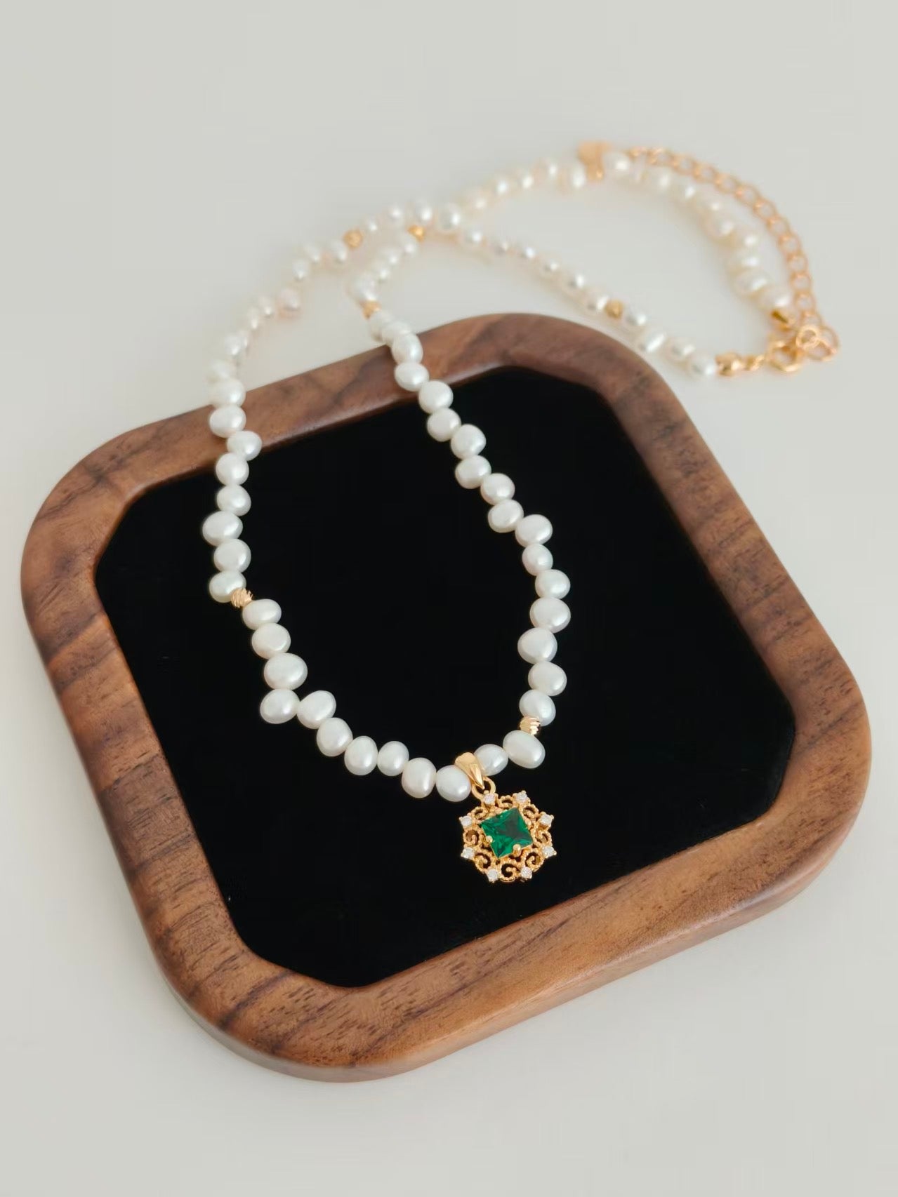 S925 Vintage Gold Pearl & Green Zircon Necklace and Bracelet Set | Natural Freshwater Pearl Jewelry