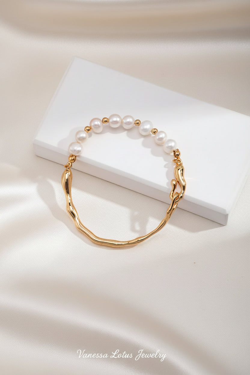 S925 Sterling Silver Natural Freshwater Pearl Open Bangle Bracelet