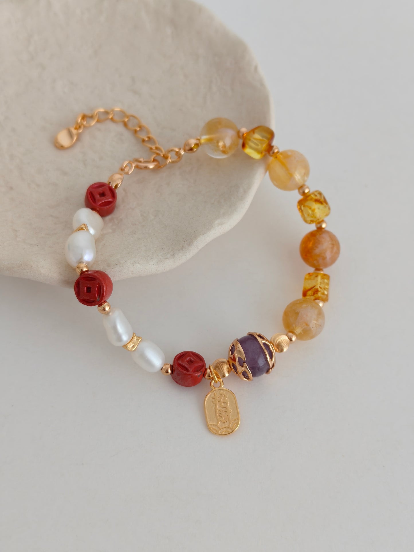 Vintage Gold Multi-Gem Pearl Bracelet | S925 Silver