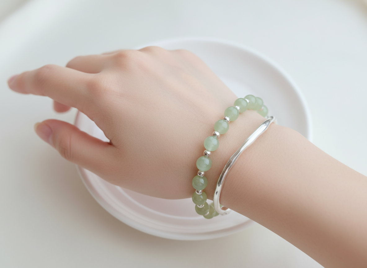 Jade Bead and Silver Bracelet