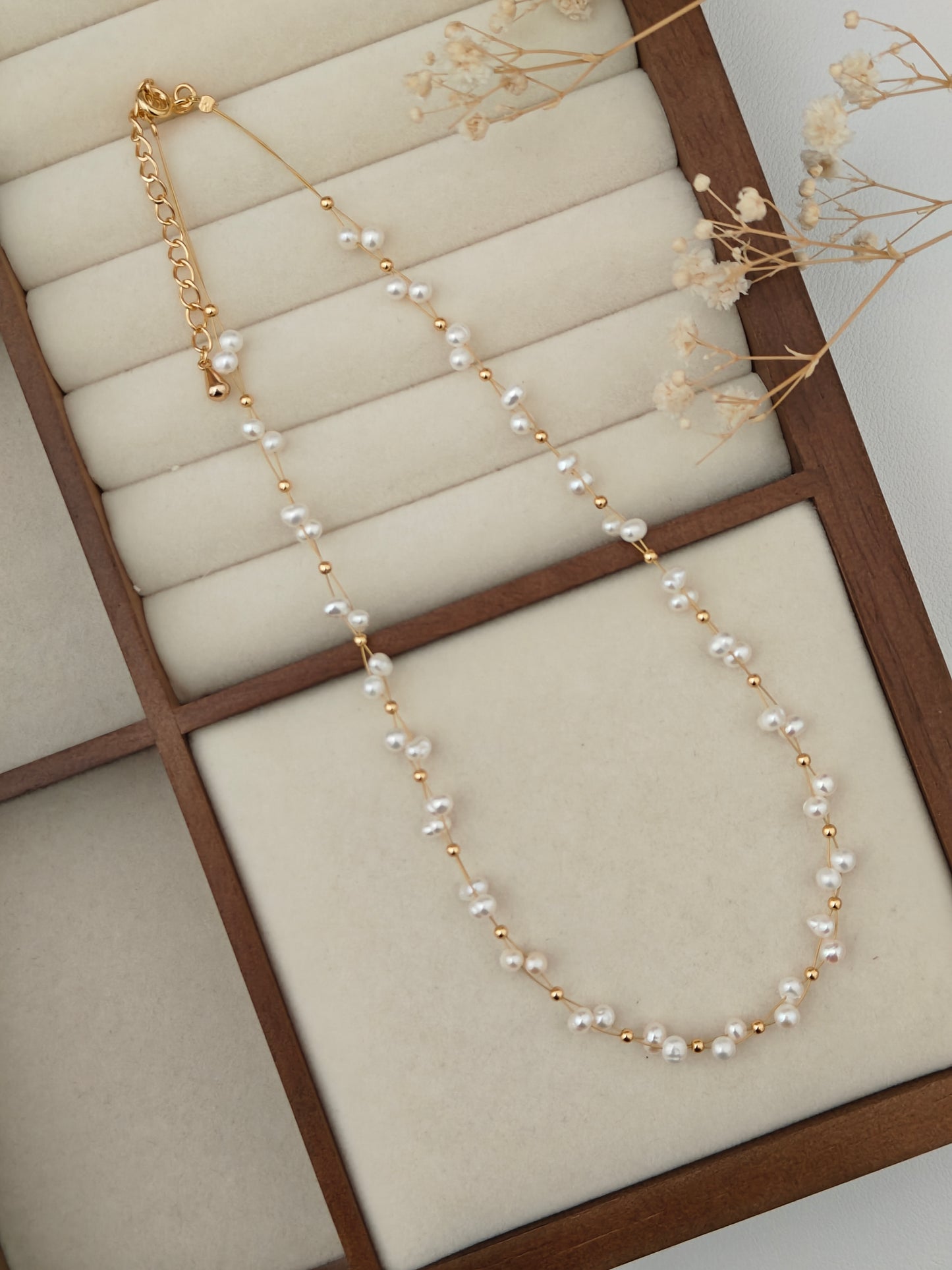 Handcrafted Vintage Gold Baby Pearl Necklace | Spring Wreath Pearl Necklace