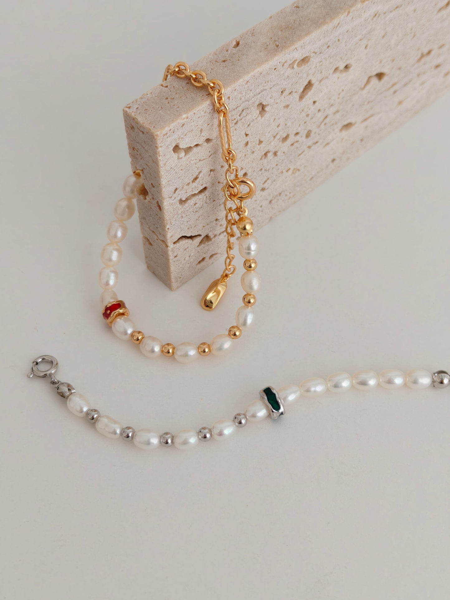 Natural Pearl & Enamel Charm Bracelet – S925 Sterling Silver Gold Plated Adjustable Bracelet