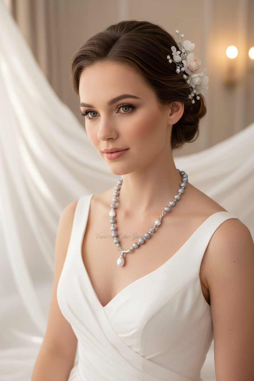 Gray & White Natural Pearl Necklace in S925 Sterling Silver (Platinum Tone)