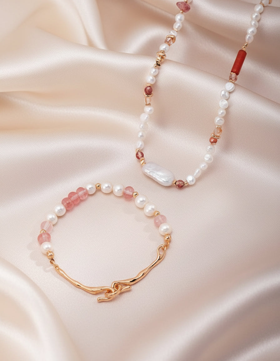 Strawberry Quartz & Pearl Beaded Necklace – S925 Silver