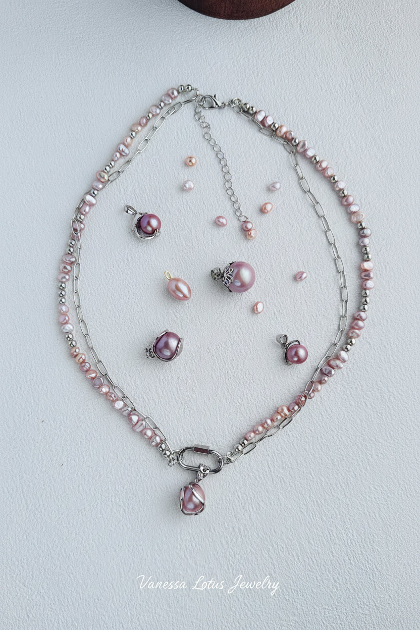 Freshwater Pink Pearl Necklace with Platinum Chain