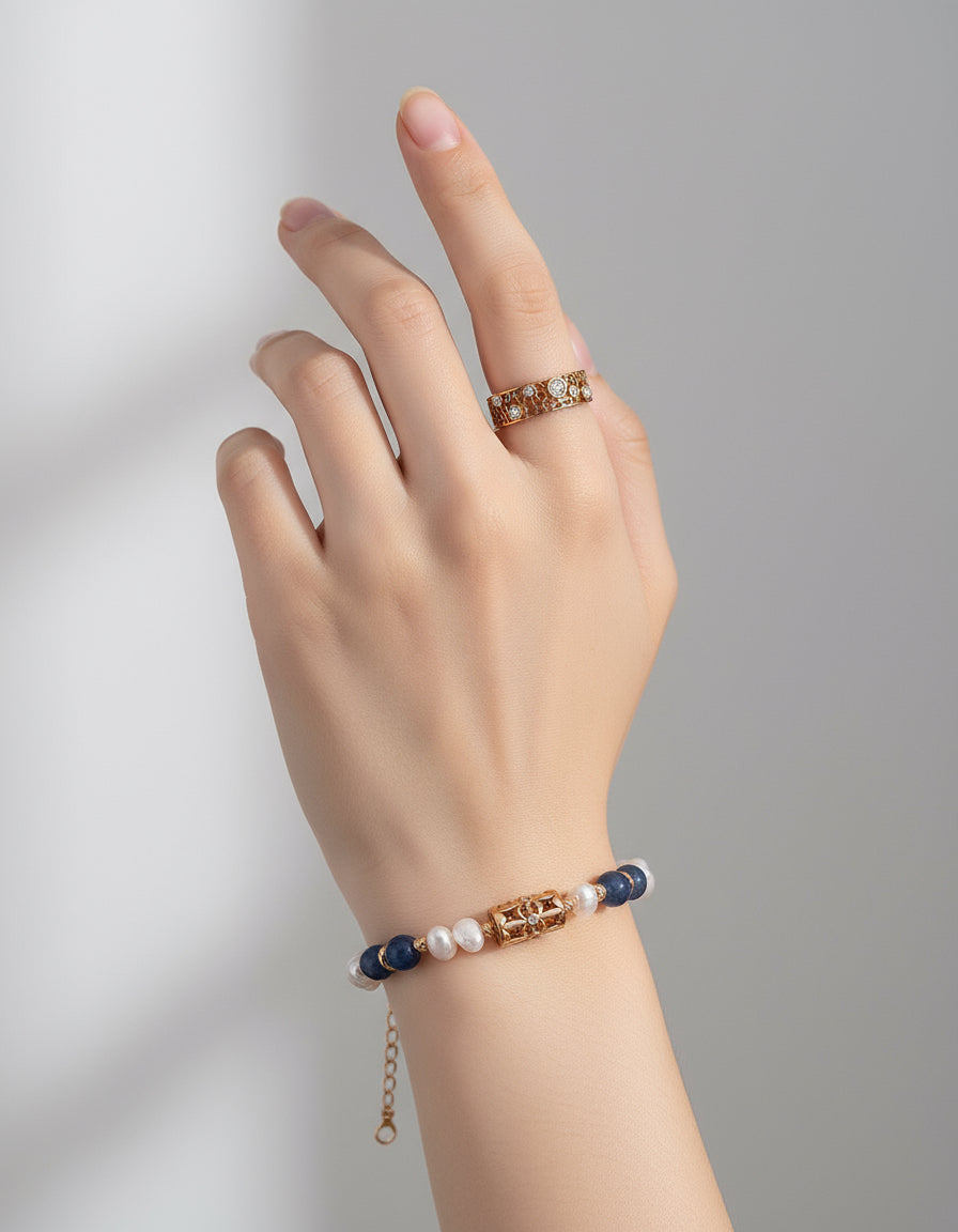 Vintage Gold Pearl & Blue Aventurine Bracelet | S925 Silver Jewelry