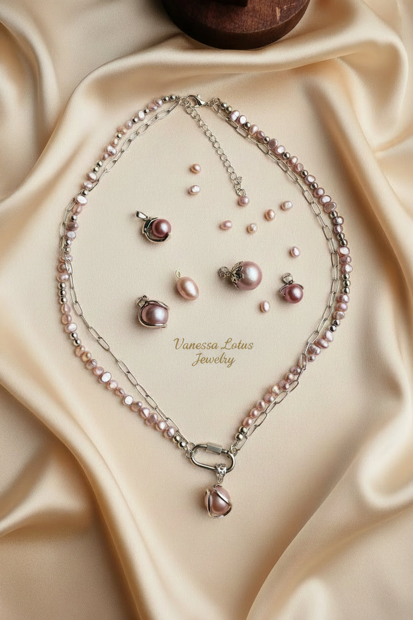 Freshwater Pink Pearl Necklace with Platinum Chain