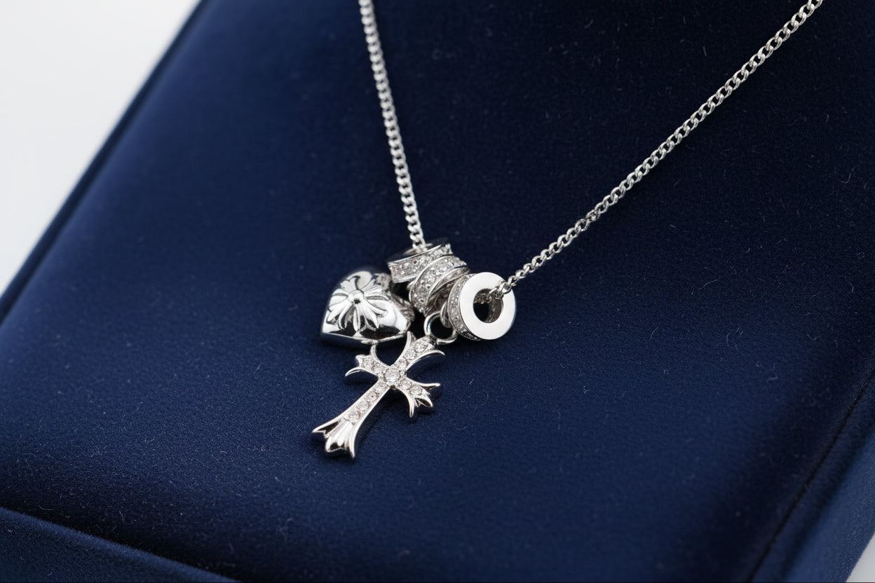 S925 Sterling Silver Cross & Heart Charm Necklace