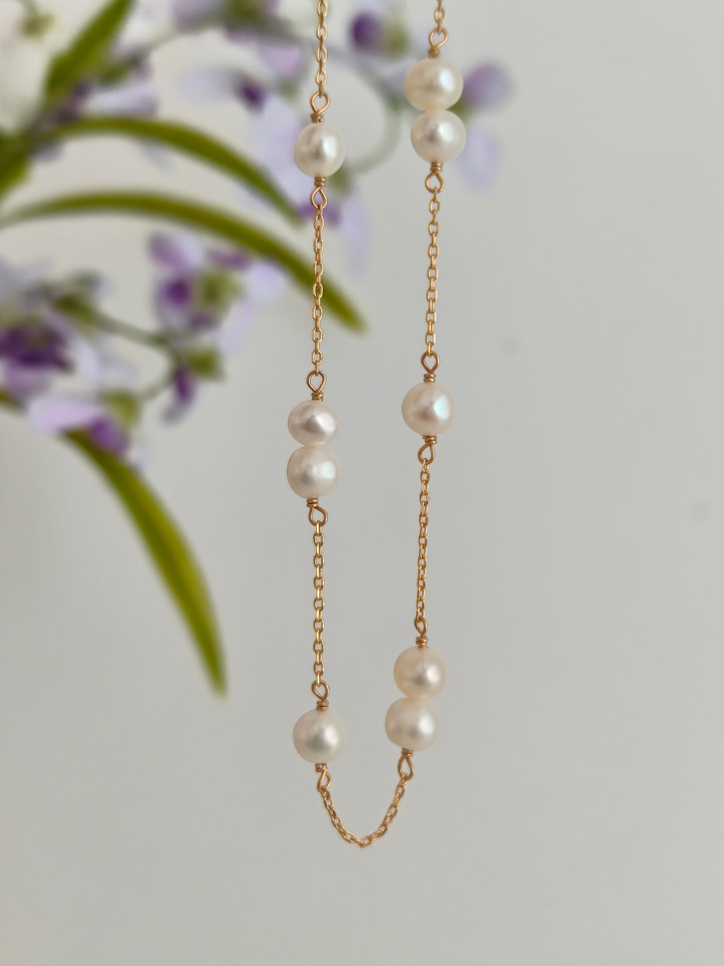 Natural Pearl Jewelry Set – S925 Sterling Silver Station Necklace & Bracelet Matching Set Vintage Gold or Platinum